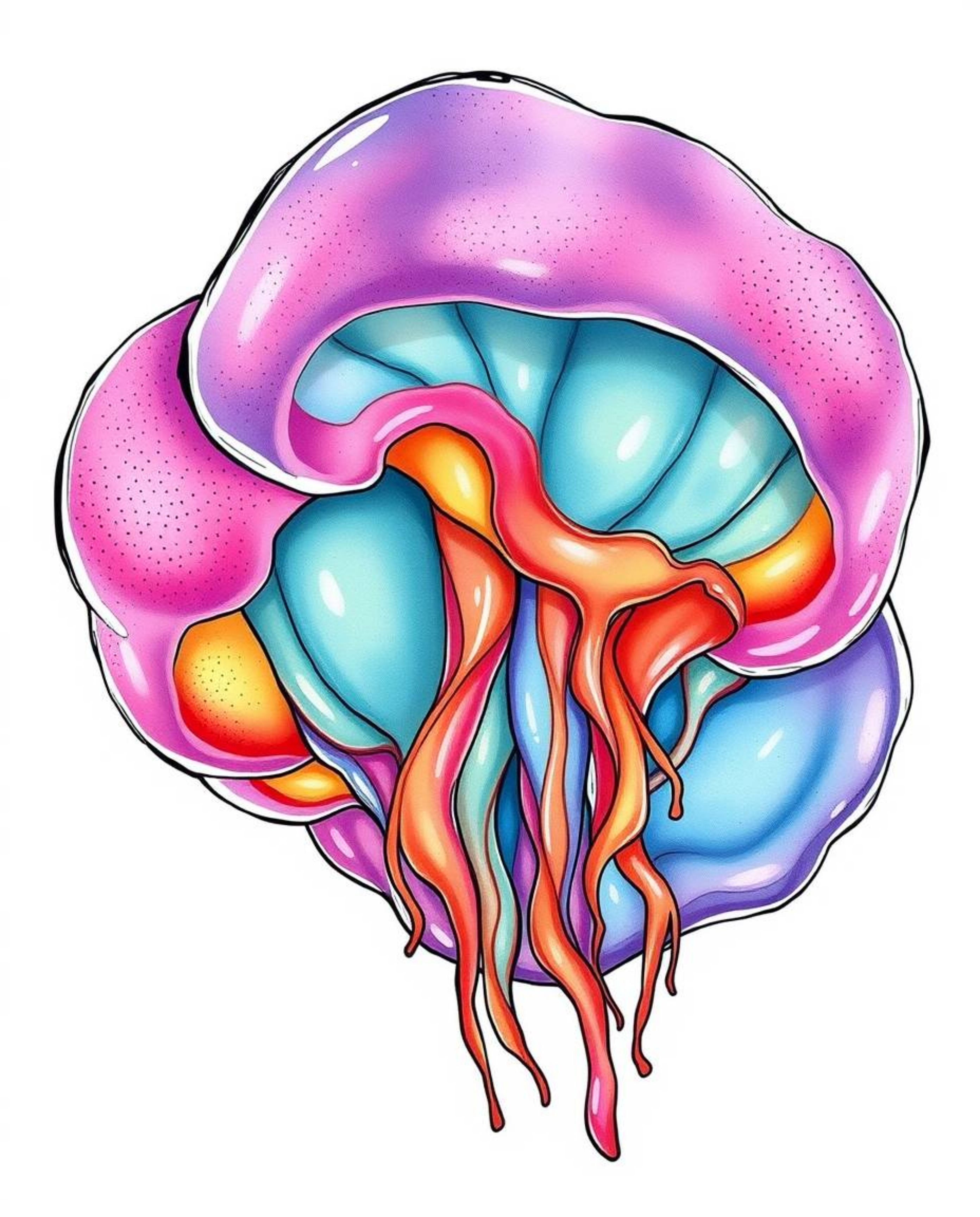 This vibrant illustration showcases three-dimensional jelly blobs with a fluid, synthetic texture, rendered in a hand-drawn c