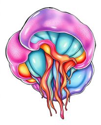 This vibrant illustration showcases three-dimensional jelly blobs with a fluid, synthetic texture, rendered in a hand-drawn c