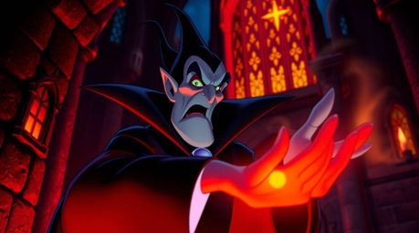 A captivating depiction of a classic Disney villain casting a spell within a gothic castle. The scene is illuminated by warm