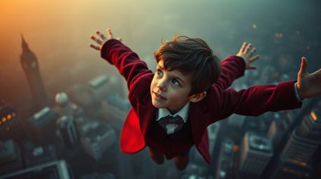 Experience the magic of a young boy soaring above London with the aid of pixie dust in this high-angle cinematic shot. The sc