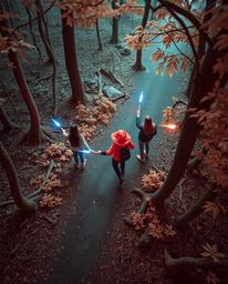 Discover a captivating surreal image of friends with unique powers exploring a mystical forest.  Viewed from a bird's-eye per