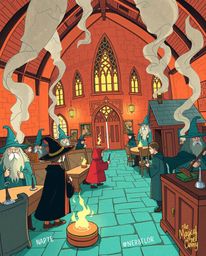 This enchanting illustration depicts a magical school teeming with young wizards, brought to life with a captivating color pa