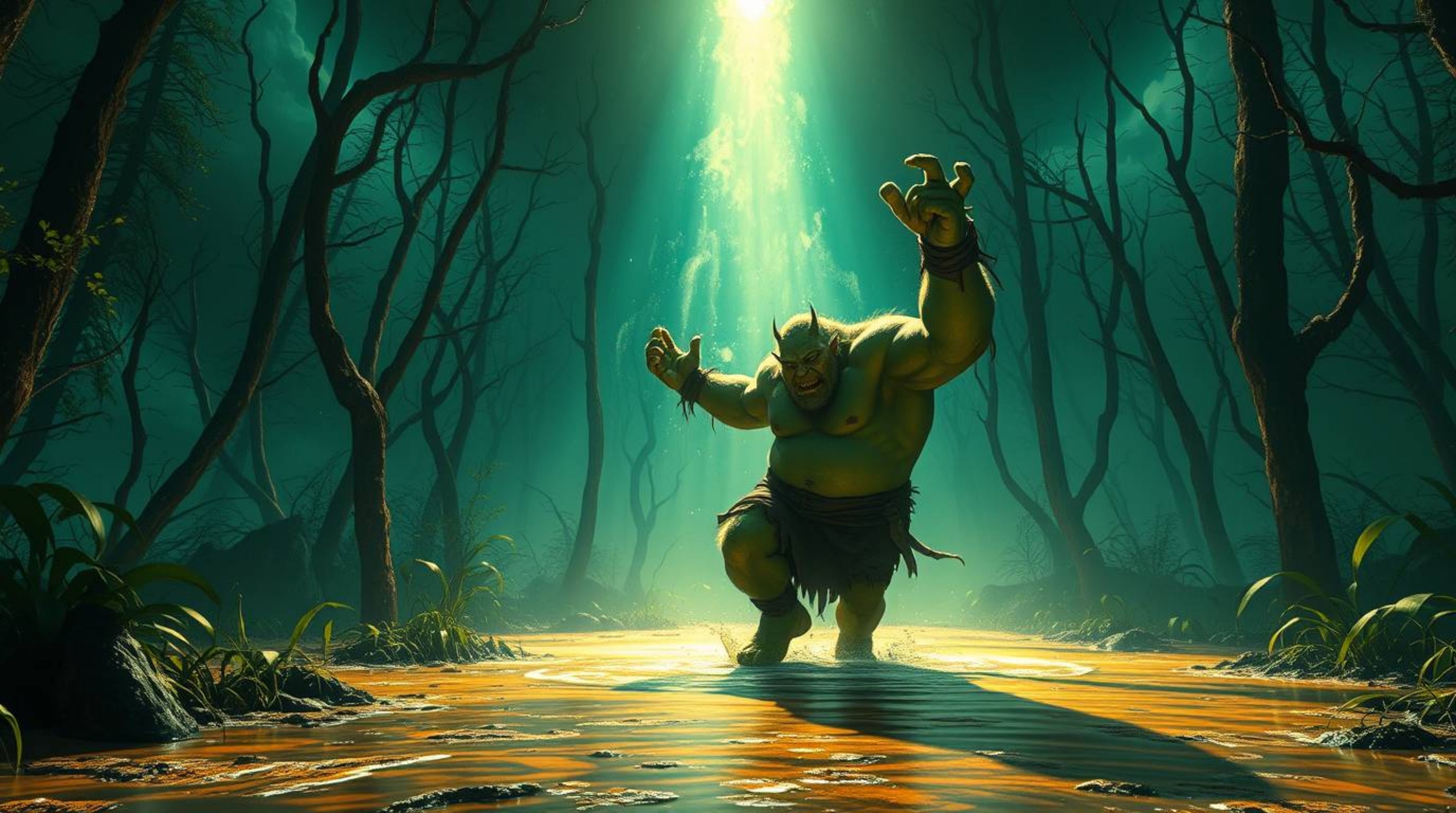 Witness a breathtaking spectacle: a colossal ogre performing a vibrant dance in a swamp, illuminated by futuristic glow light