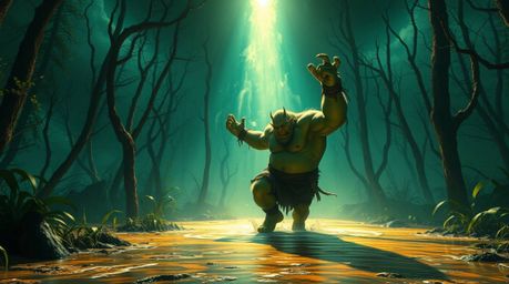 Witness a breathtaking spectacle: a colossal ogre performing a vibrant dance in a swamp, illuminated by futuristic glow light