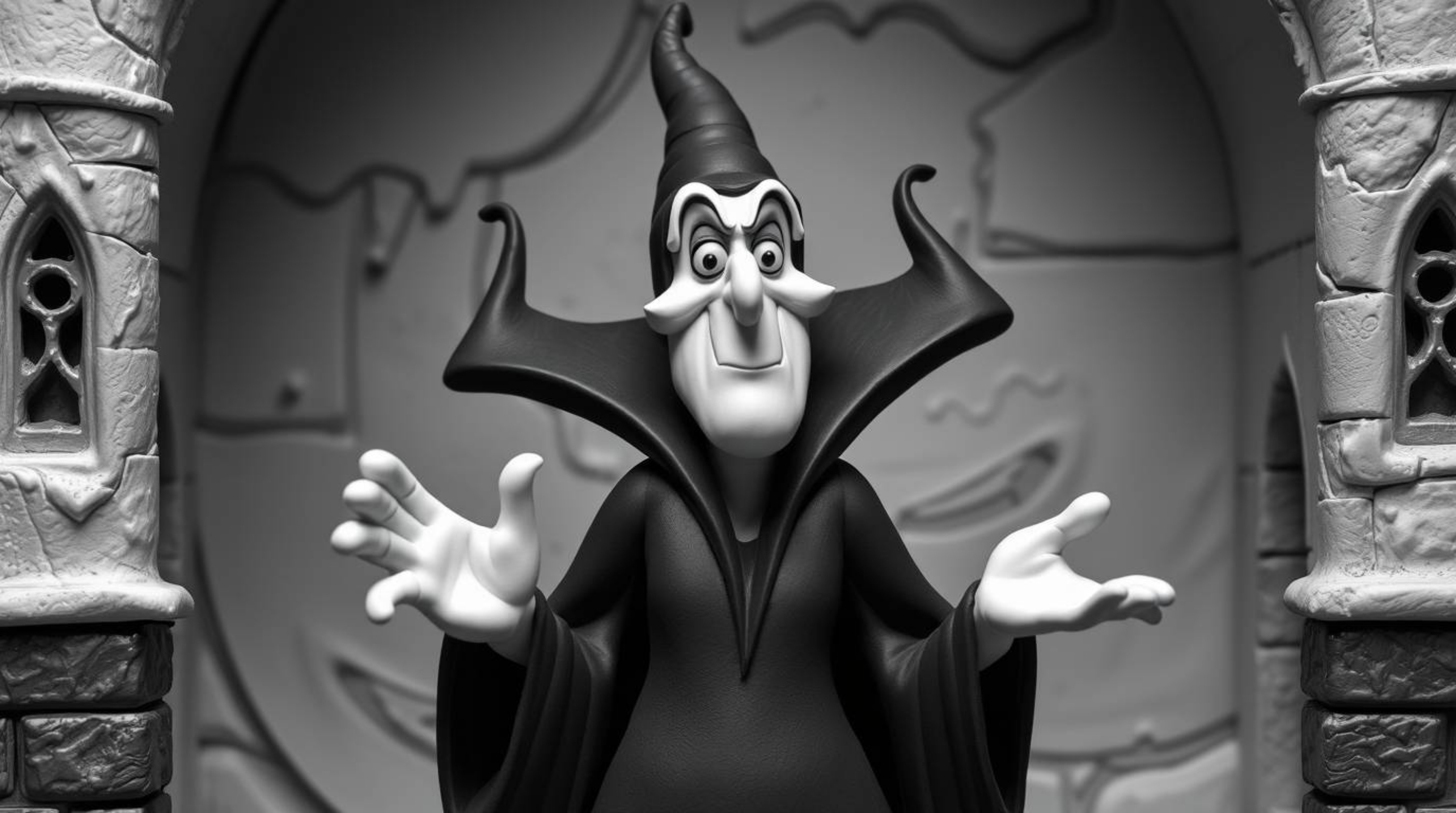 A captivating clay sculpture depicts a classic Disney villain casting a spell in a simplified old castle. The piece features
