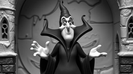 A captivating clay sculpture depicts a classic Disney villain casting a spell in a simplified old castle.  The piece features