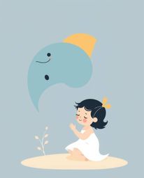 A charming modern flat design illustration depicts a heartwarming friendship between a child and a graceful sea creature.  Cr