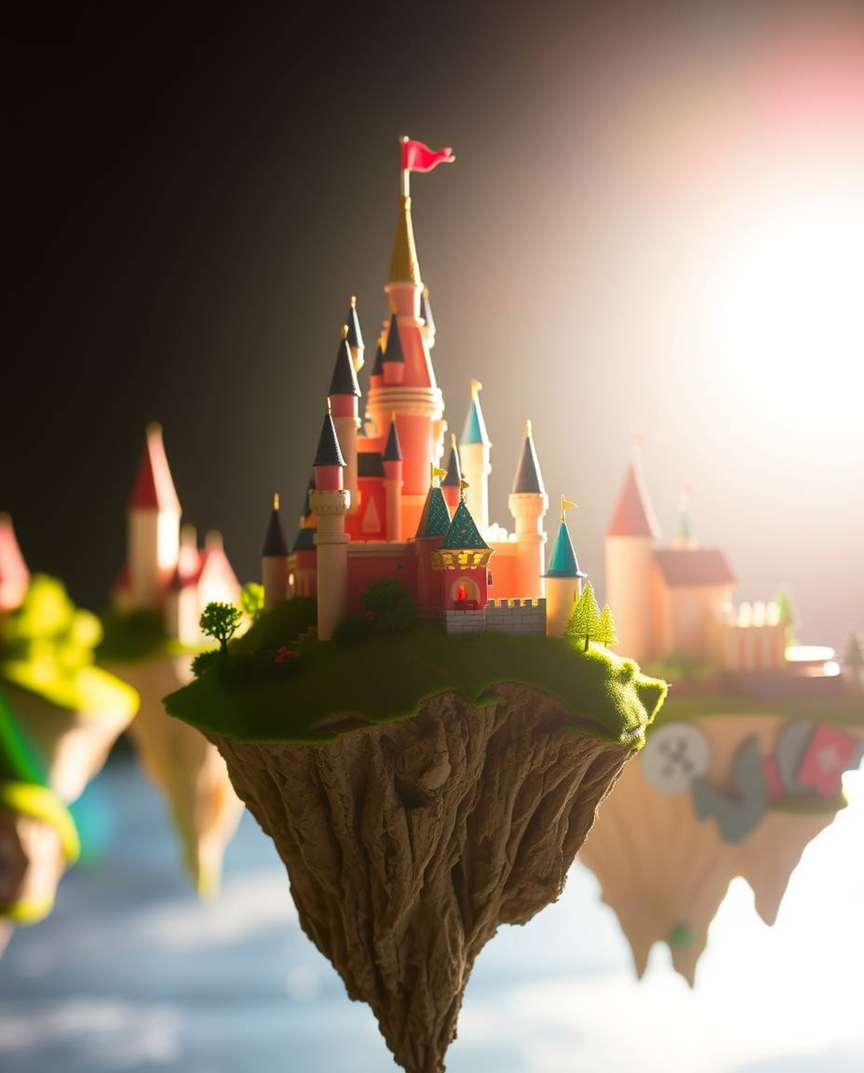 A captivating close-up photograph showcasing a vibrant kingdom adorned with floating islands and majestic castles, silhouette