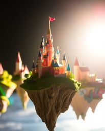 A captivating close-up photograph showcasing a vibrant kingdom adorned with floating islands and majestic castles, silhouette