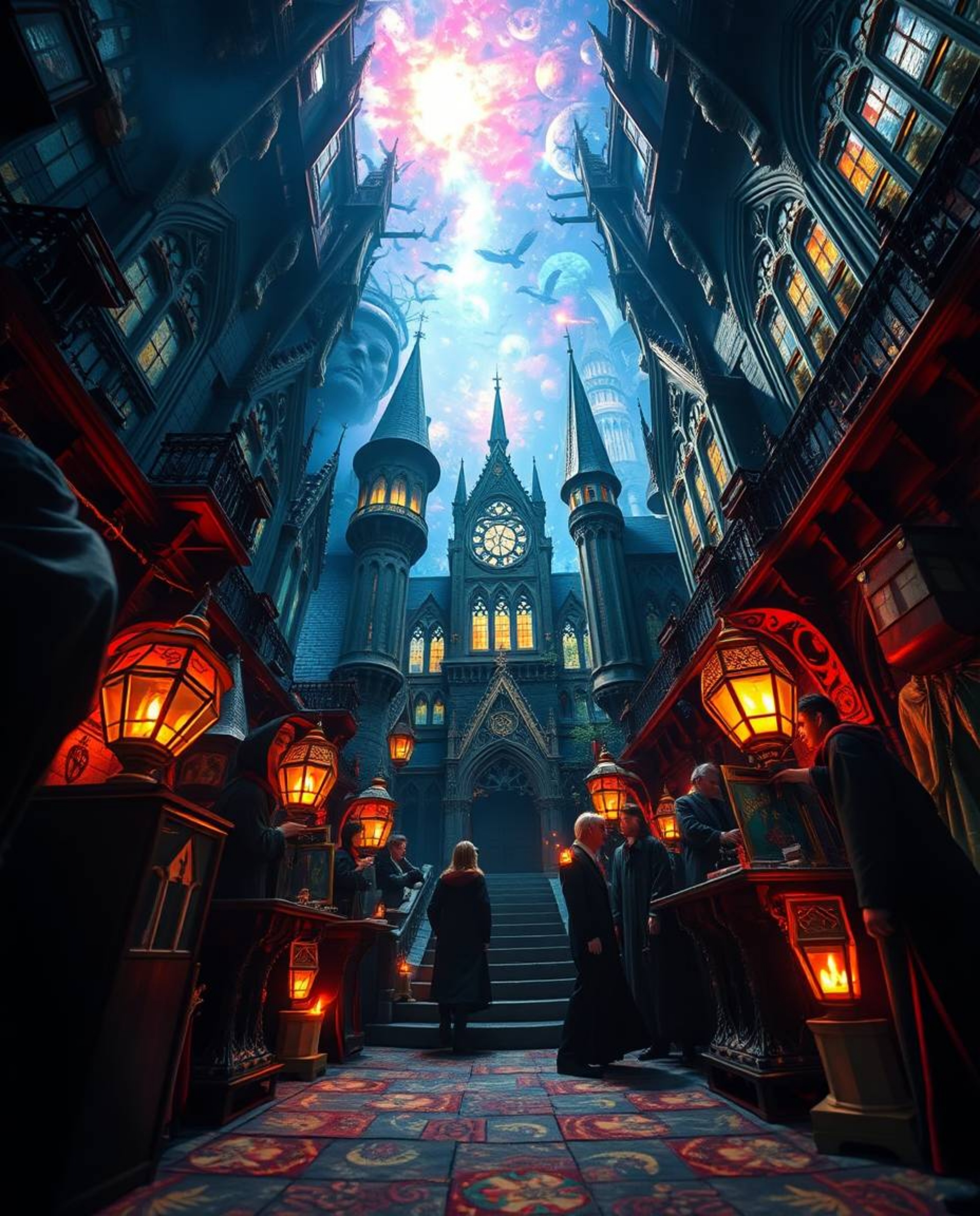 Immerse yourself in a dreamlike, low-angle perspective of a magical school teeming with young wizards. Witness fantastical el