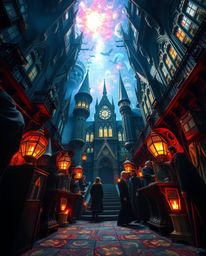 Immerse yourself in a dreamlike, low-angle perspective of a magical school teeming with young wizards. Witness fantastical el