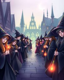 Discover a captivating illustration of a magical school brimming with young wizards.  The artwork features a smooth gradient 