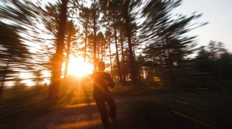 Experience a dynamic action scene bathed in the warm glow of a sunset filtering through a dense forest.  The image features b