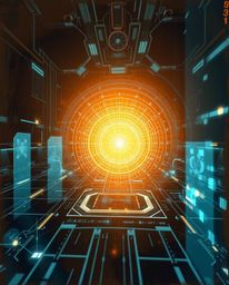 A stunning oil painting style image showcases a futuristic digital interface illuminated by the warm glow of golden hour ligh