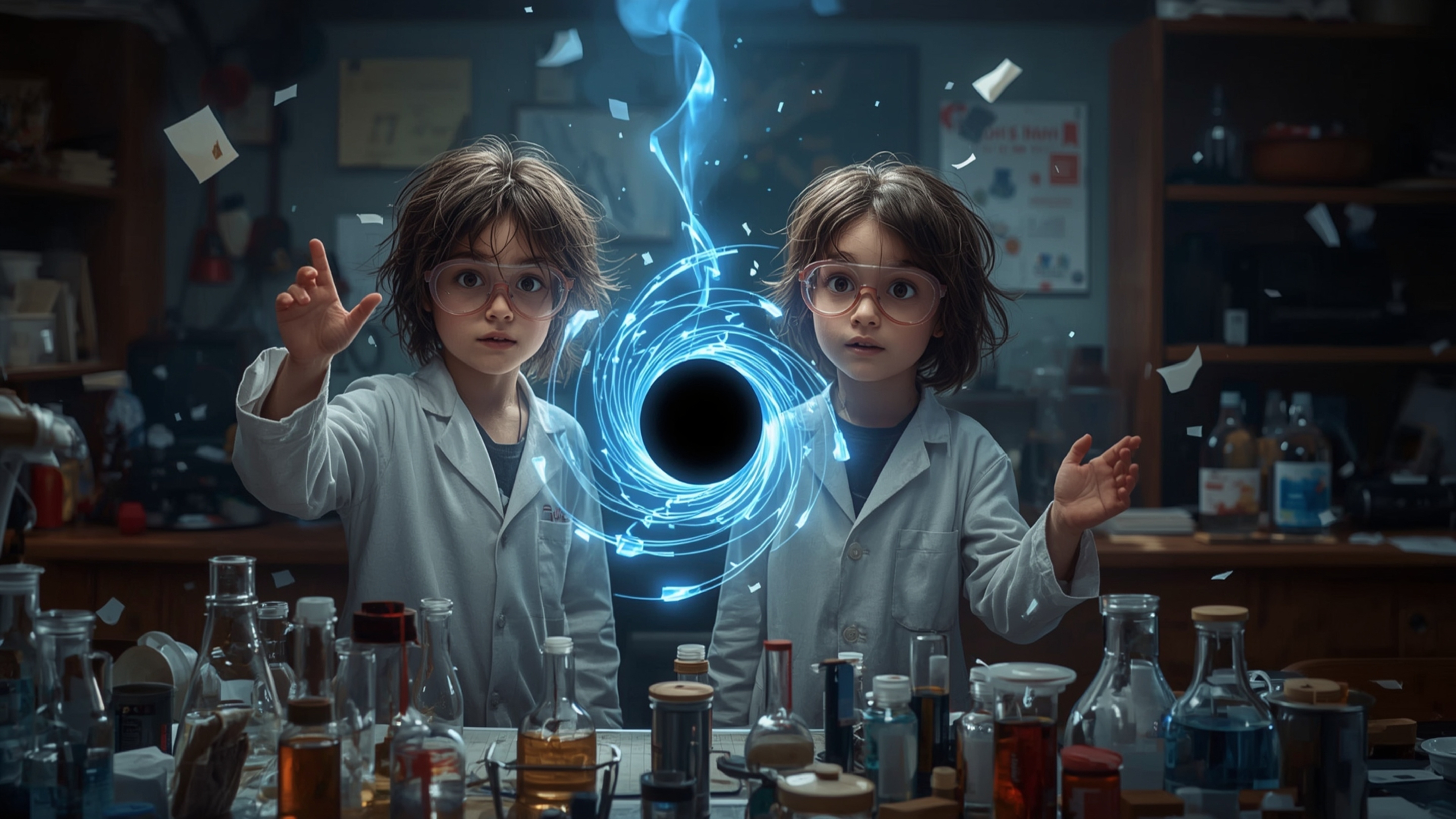 In a cinematic photograph captured in a whimsical and dramatic, Pixar-inspired style, two enthusiastic 12-year-old science fa