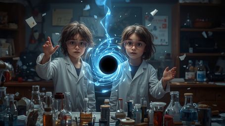 In a cinematic photograph captured in a whimsical and dramatic, Pixar-inspired style, two enthusiastic 12-year-old science fa