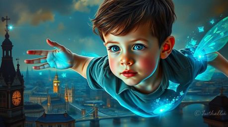 A captivating image showcasing a young boy with luminous skin, soaring above a classic oil painting of London, powered by bio