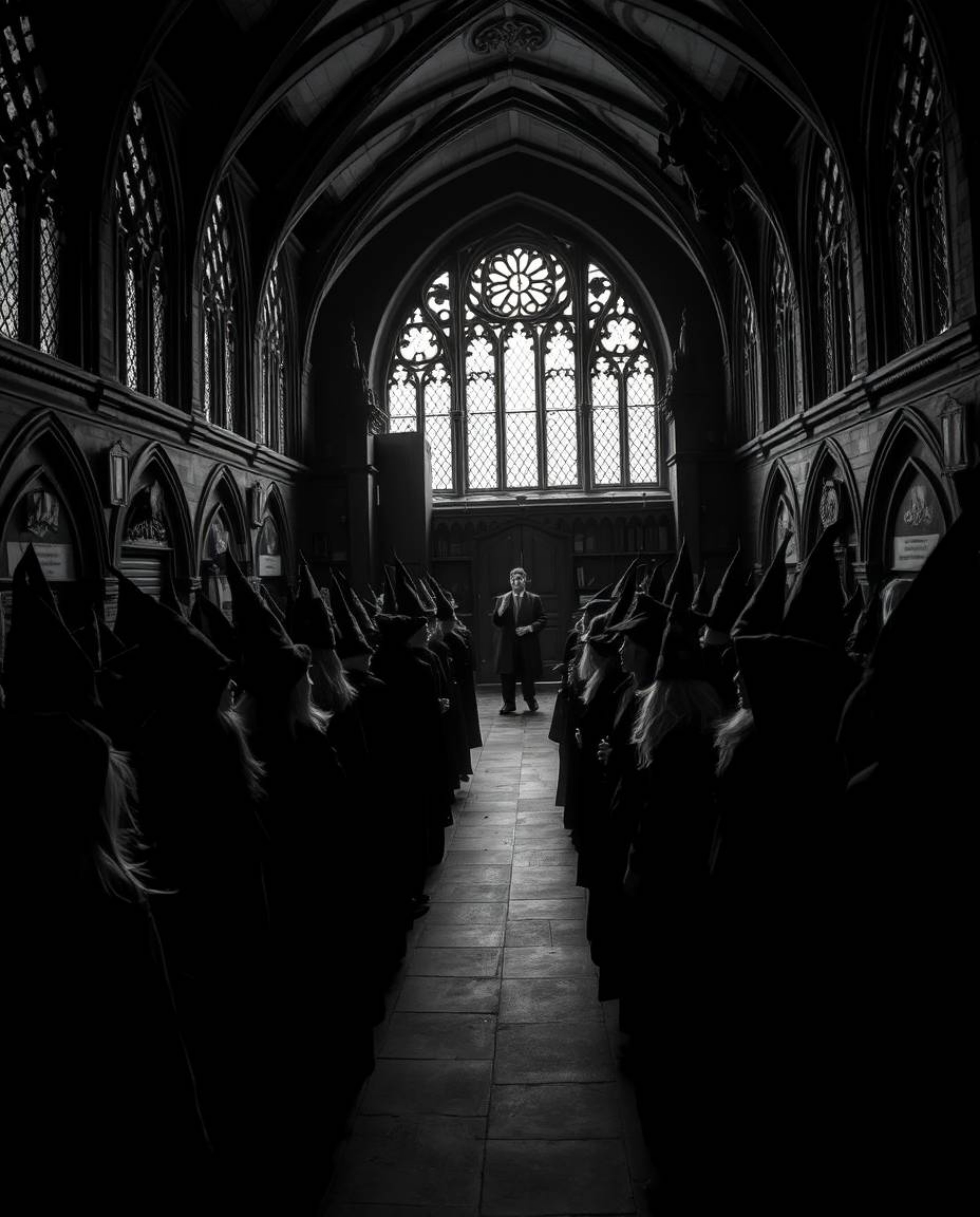 Explore a magical school teeming with young wizards, rendered in intense jet black, pure black and white, and high contrast. 