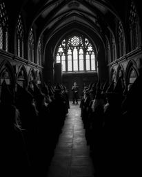Explore a magical school teeming with young wizards, rendered in intense jet black, pure black and white, and high contrast. 