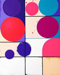 A bold acrylic painting showcases a vibrant minimalist Bauhaus geometric pattern.  Deep ultraviolet hues and textured brushst