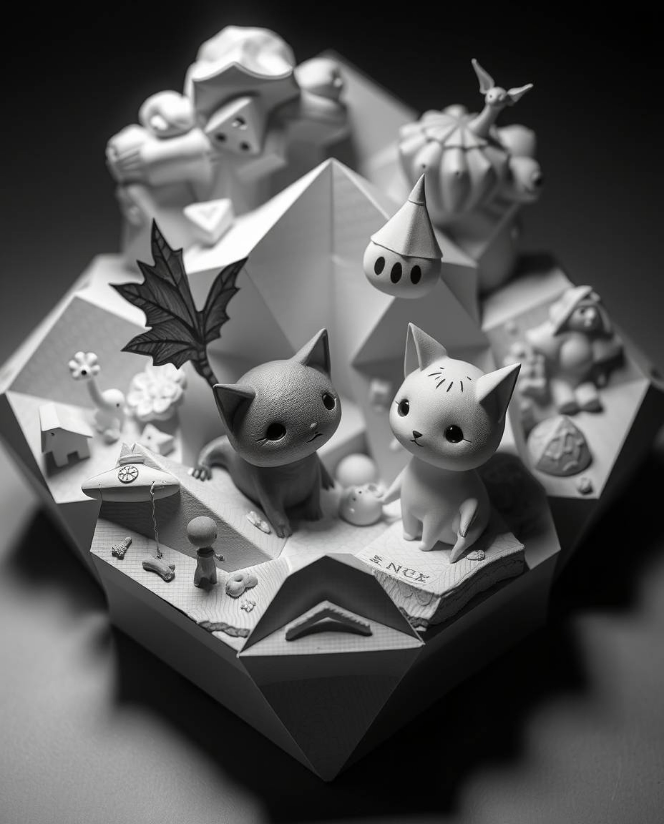 Discover a collection of dreamlike, surreal 3D art featuring adorable and cute characters.  These monochrome images utilize g