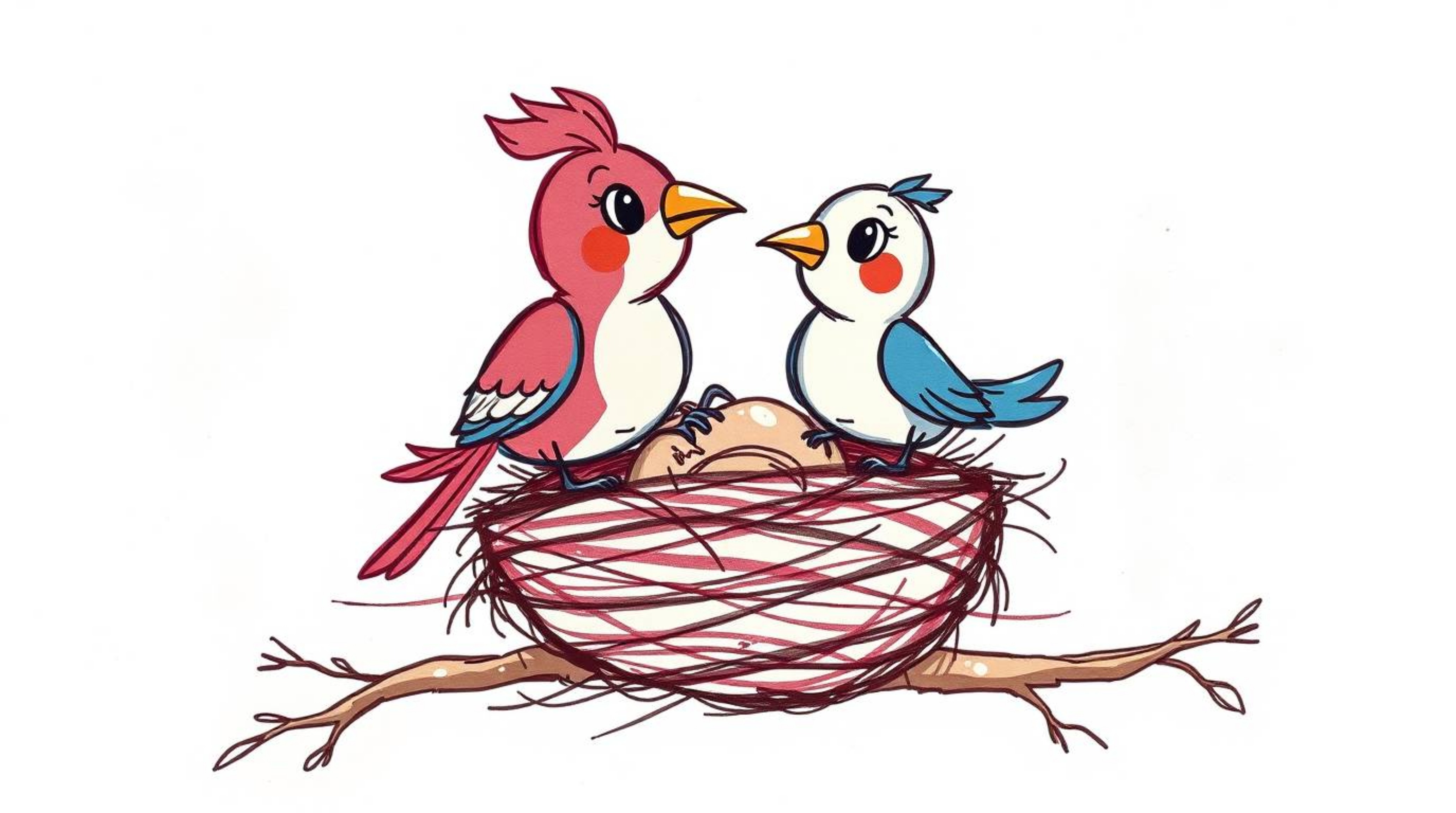 A hand-drawn sketch showcasing two cartoon birds diligently constructing a nest in a classic animation style. The artwork emp