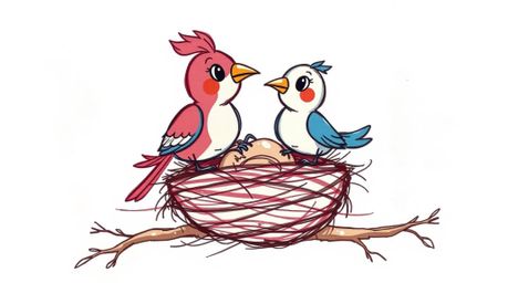 A hand-drawn sketch showcasing two cartoon birds diligently constructing a nest in a classic animation style. The artwork emp