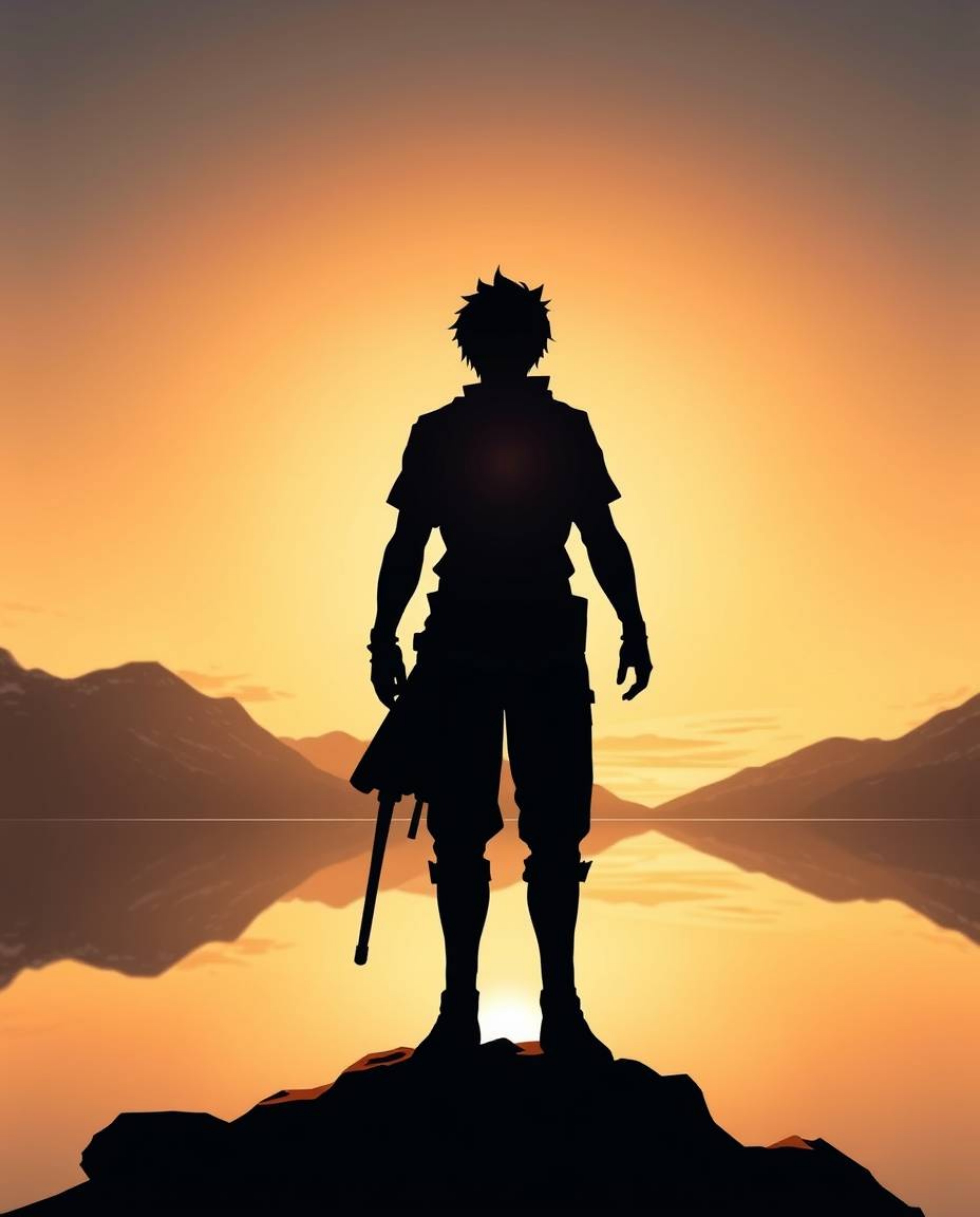 An Isekai anime-style illustration featuring a silhouetted figure against the breathtaking backdrop of a glassy fjord reflect