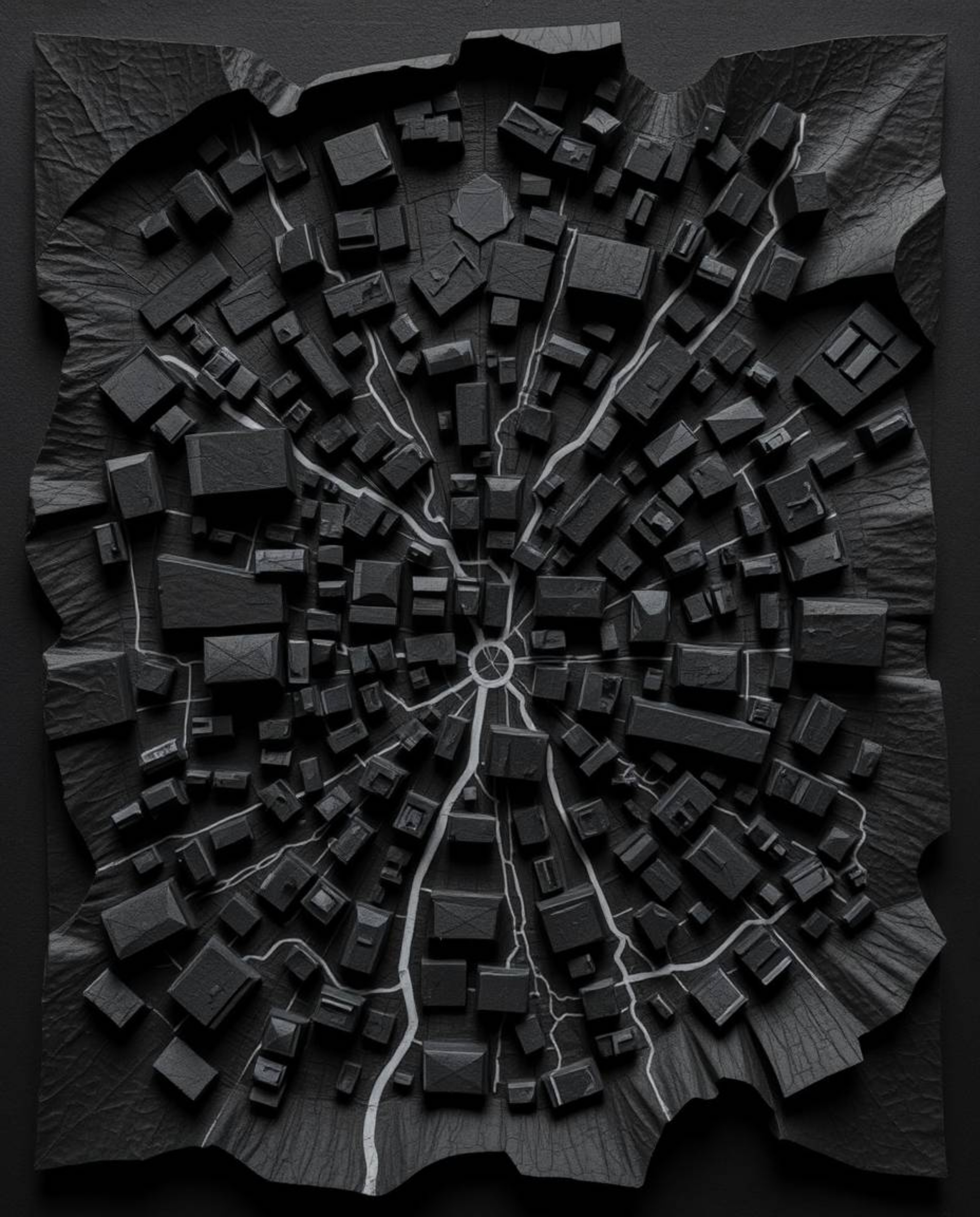 This artwork features an intense jet black, layered papier-mâché creation depicting an abstract city map. The top-down view s