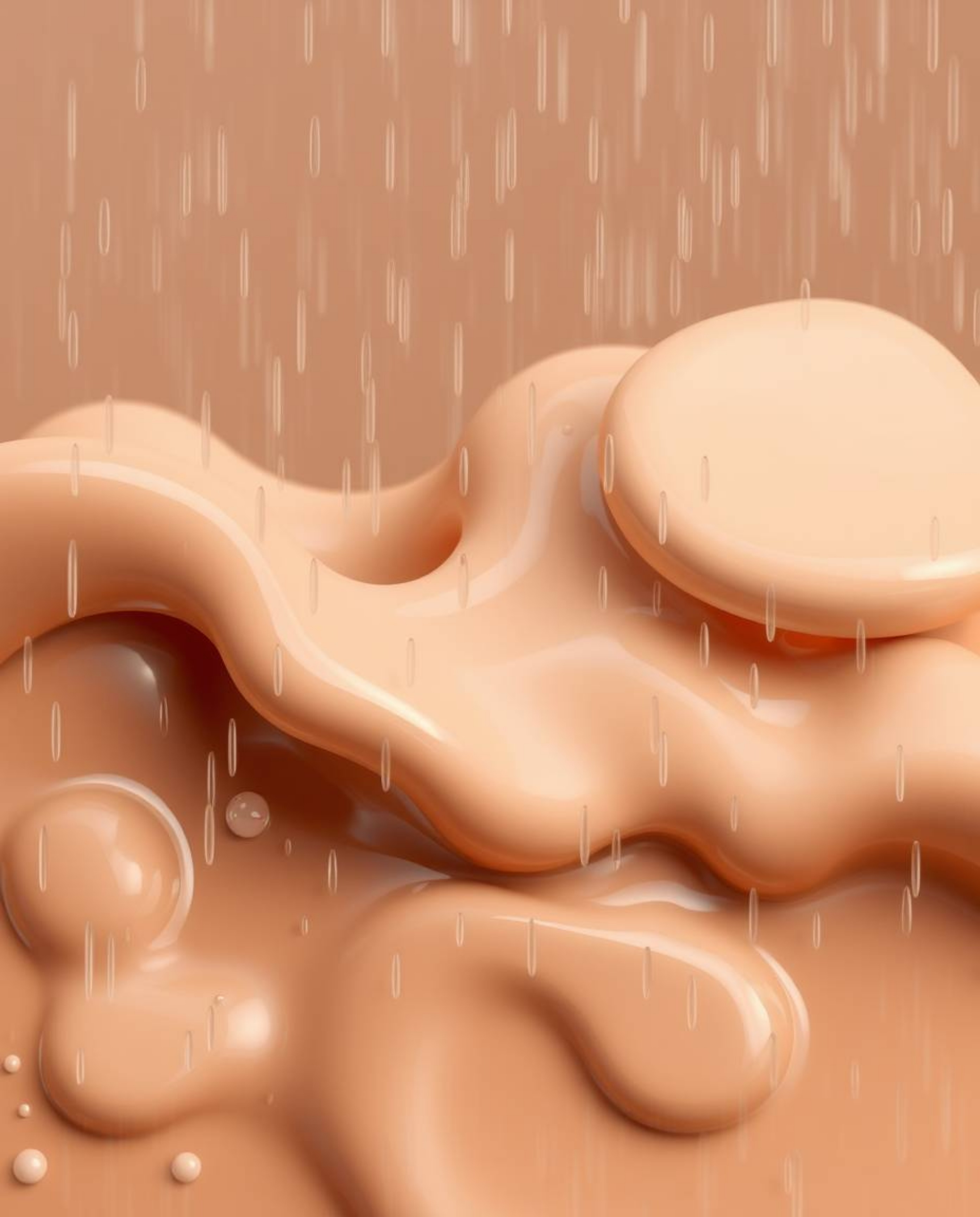This photograph captures a wet and rainy scene featuring abstract liquid forms in 3D, rendered in soft pastel colors under ge