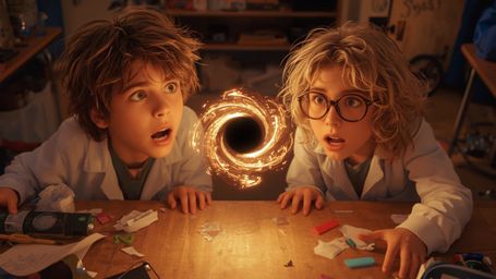 In a vibrant, cinematic photograph reminiscent of Pixar's whimsical aesthetic, a science fair duo—a boy with a few missing te