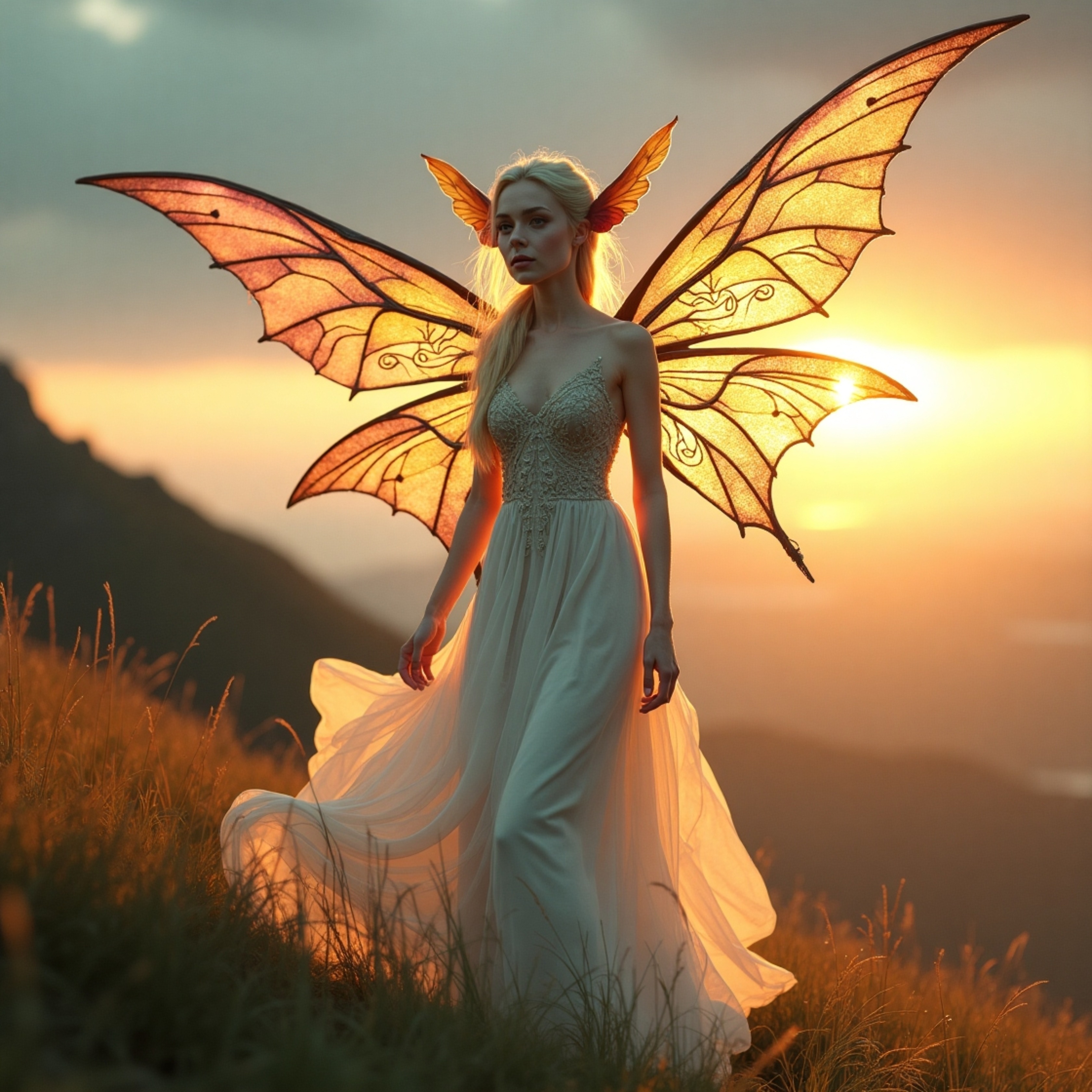 A majestic, slender half-human, half-fae being stands on a windswept hill, illuminated by a golden sunset. This agile creatur