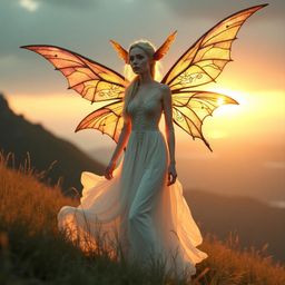 A majestic, slender half-human, half-fae being stands on a windswept hill, illuminated by a golden sunset. This agile creatur