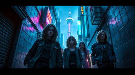 Explore a grand, epic scene set in a grungy city alley where rebellious teens reign supreme. Dominated by cool blues, greens,