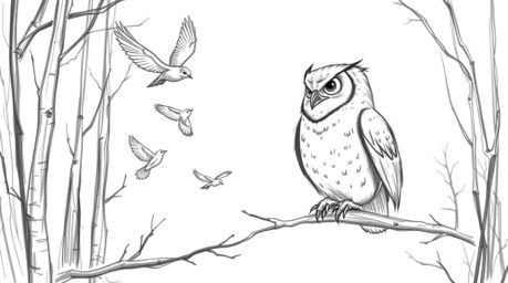 A charming sketch in the style of Pixar depicts a wise, blind owl patiently teaching birds to fly in a cinematic forest clear