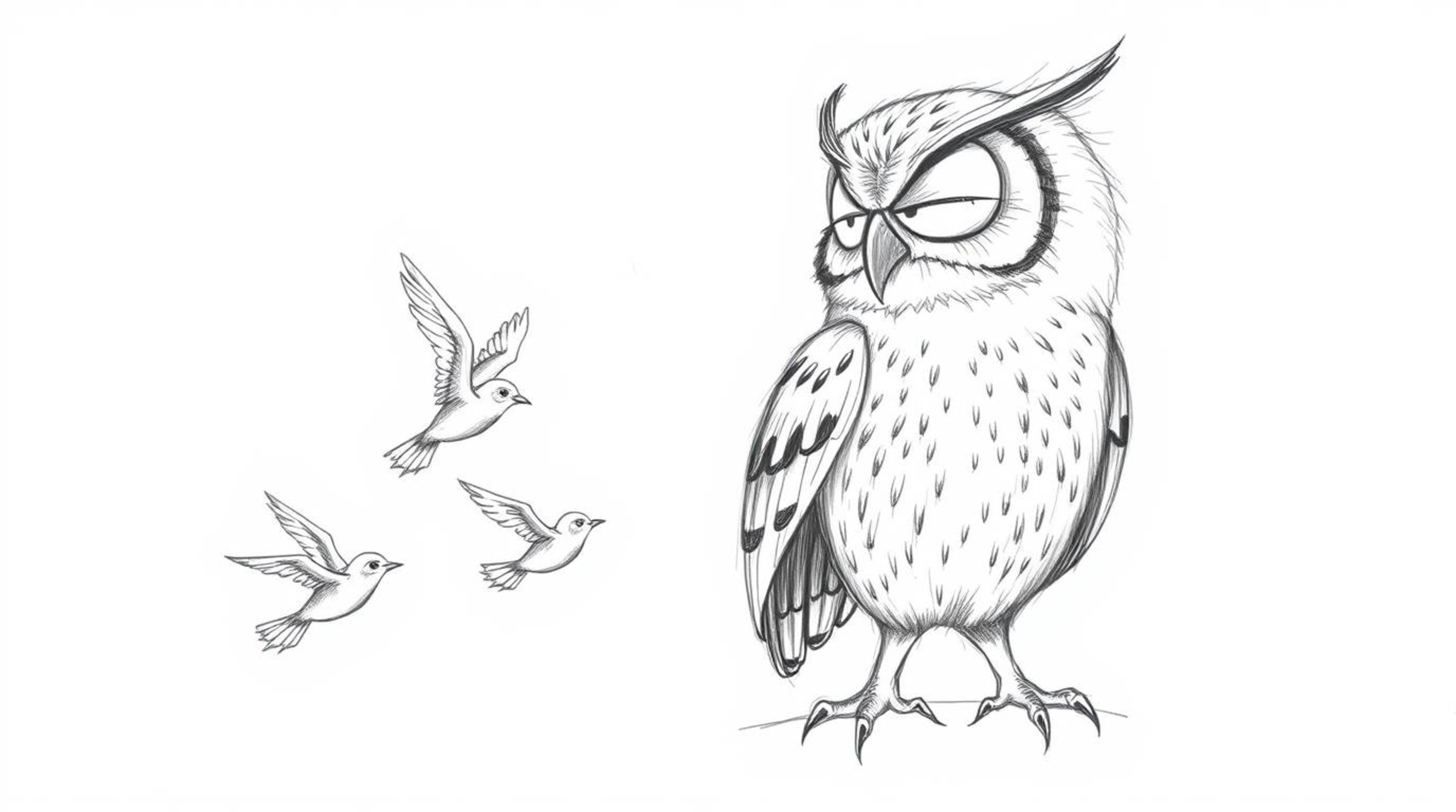 A heartwarming, hand-drawn pencil sketch in the Pixar style depicts a patient, blind owl dedicated to teaching birds how to f
