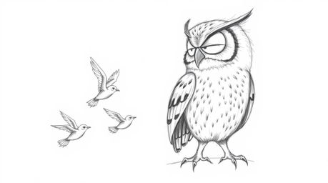 A heartwarming, hand-drawn pencil sketch in the Pixar style depicts a patient, blind owl dedicated to teaching birds how to f