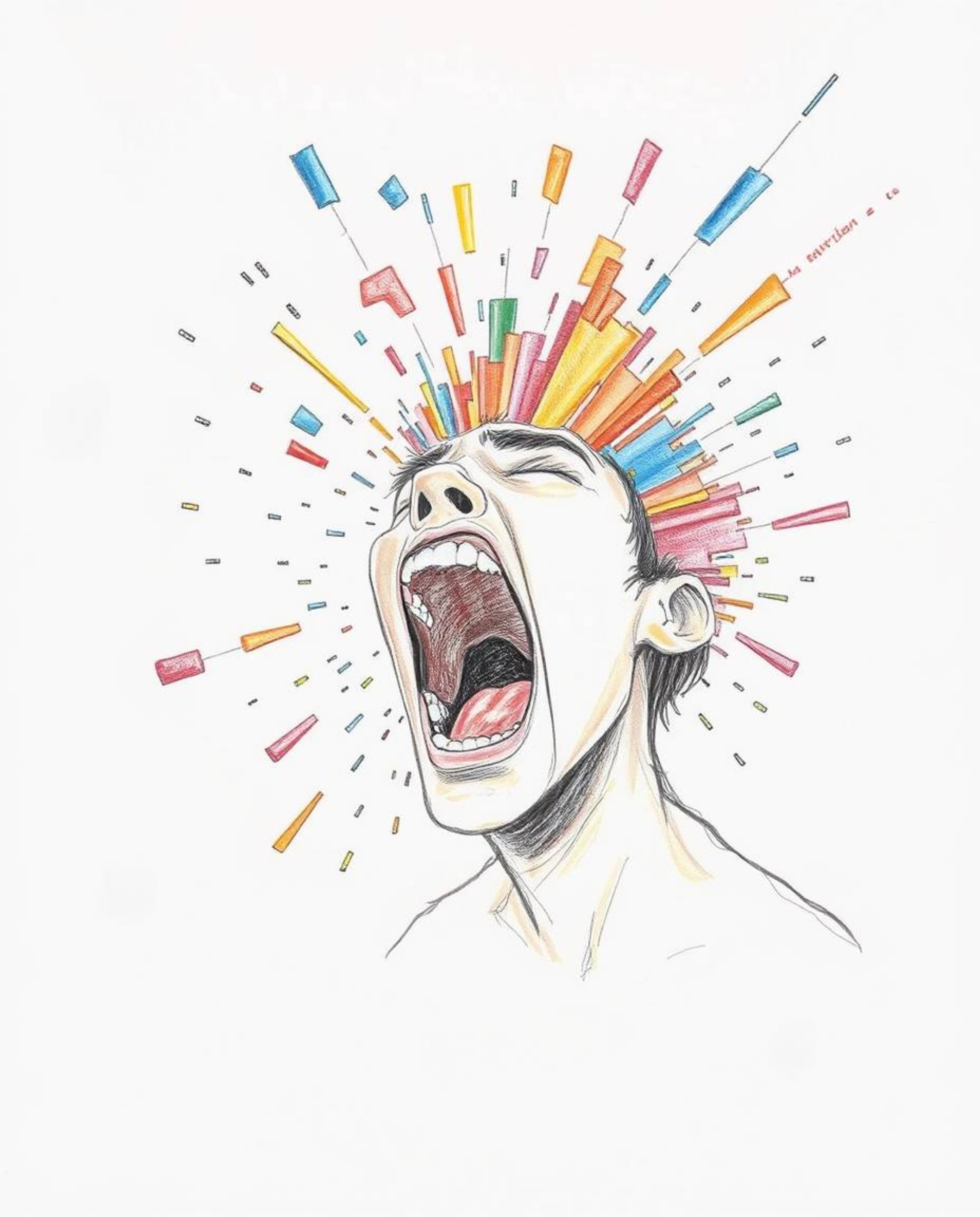 A captivating hand-drawn sketch depicts a person screaming in anguish as their world dramatically fractures into a vibrant ex