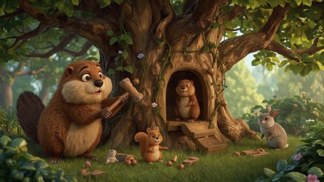 A detailed, high-resolution, commercial-grade stock photo, expertly crafted in a vibrant, whimsical Pixar style, shows a beav