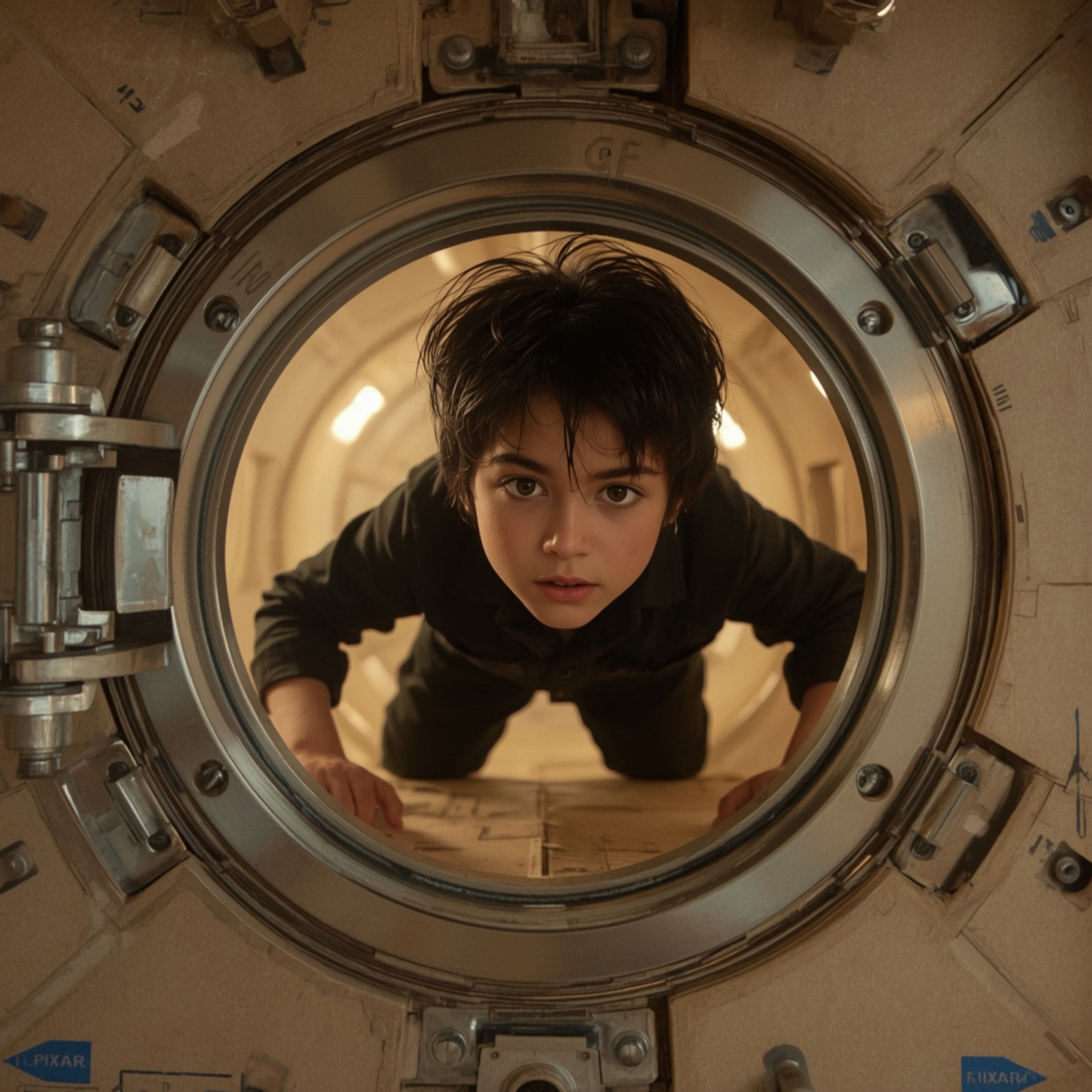 A captivating image in the style of Pixar, featuring high-fashion photography of a boy with mesmerizing brown eyes crawling t
