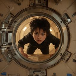 A captivating image in the style of Pixar, featuring high-fashion photography of a boy with mesmerizing brown eyes crawling t