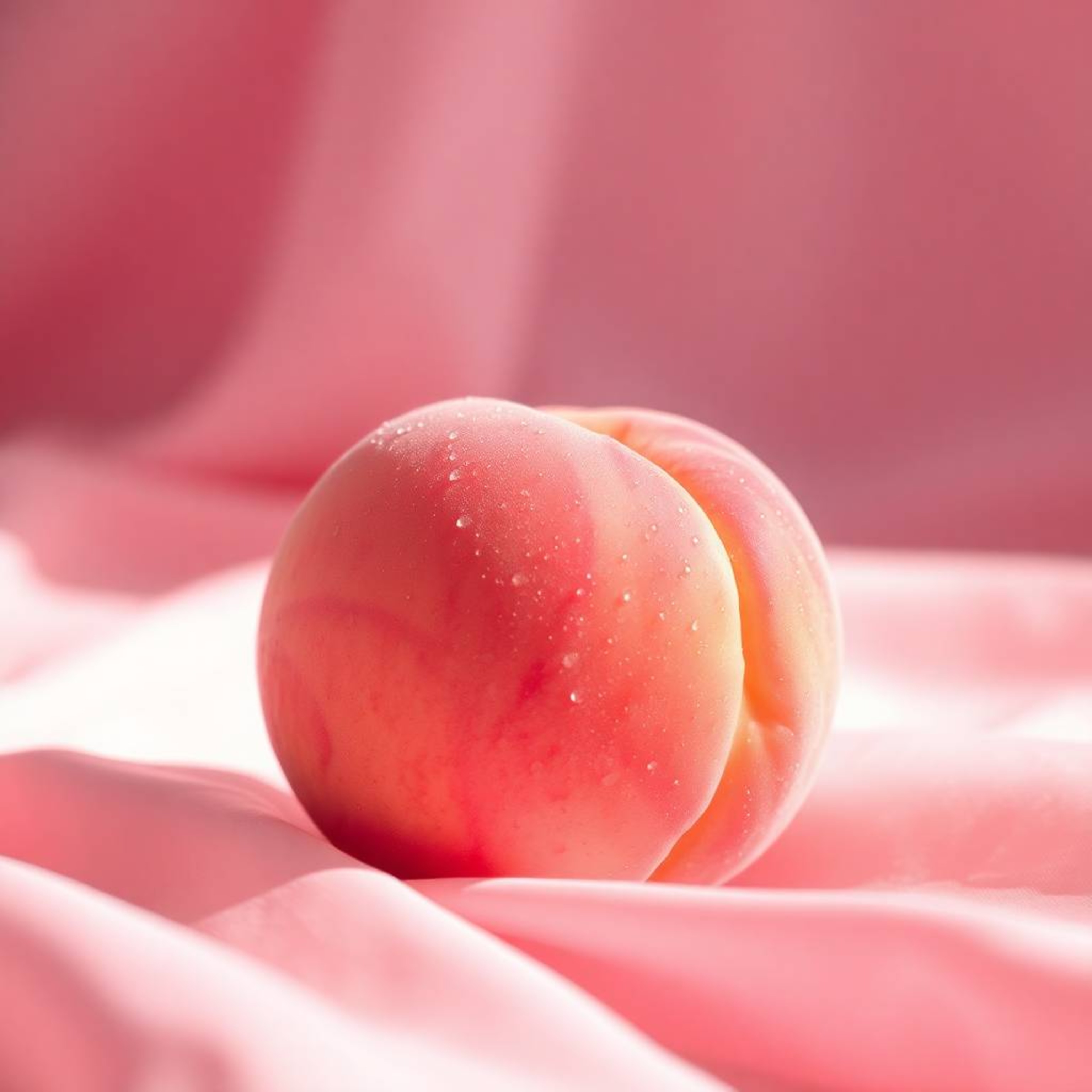 A high-angle, backlit, close-up ASMR image showcases a soft pink peach adorned with glistening condensation, resting elegantl