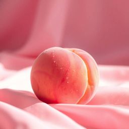 A high-angle, backlit, close-up ASMR image showcases a soft pink peach adorned with glistening condensation, resting elegantl