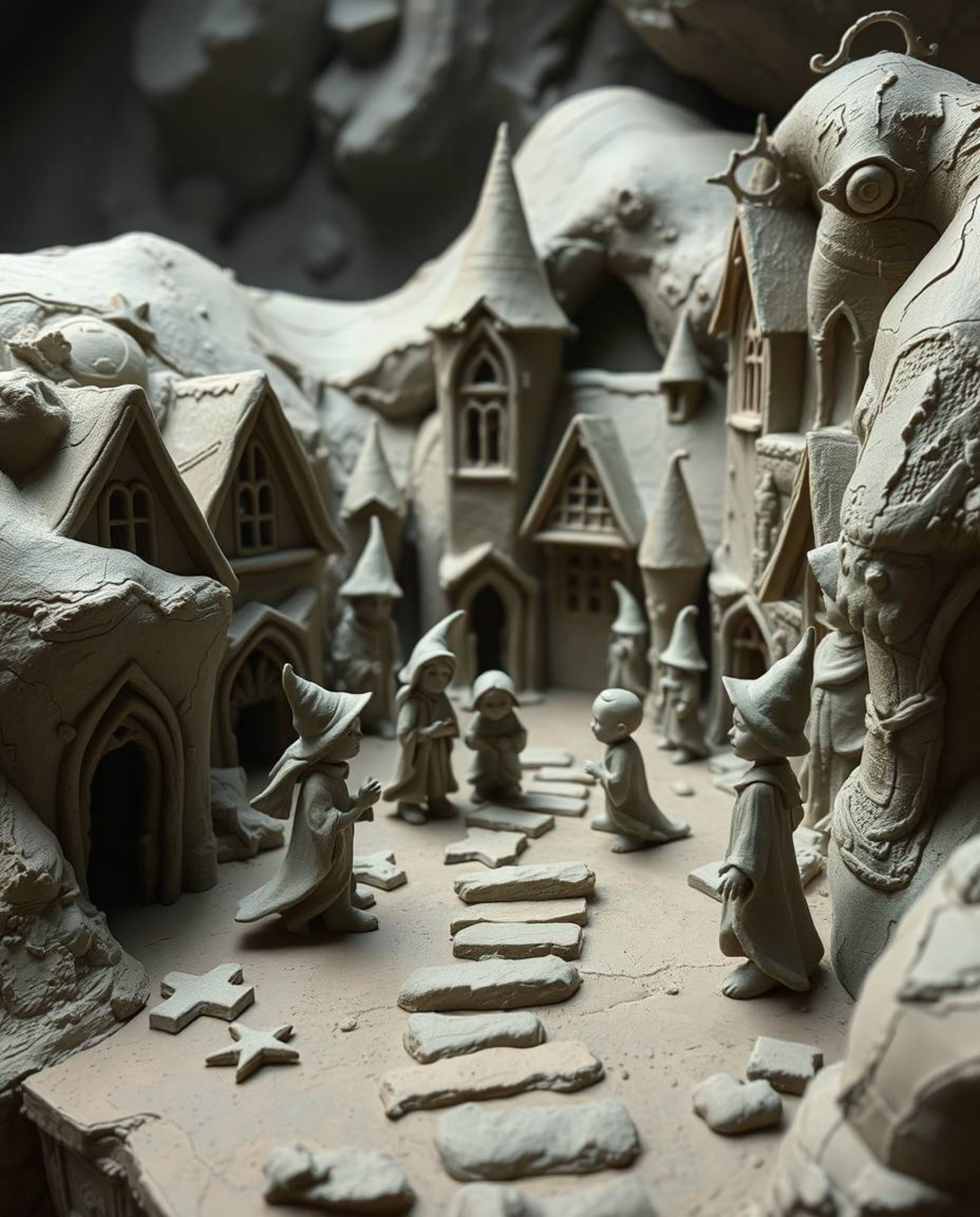 Explore a captivating world of sculptural clay art depicting a magical school brimming with young wizards.  This artwork feat
