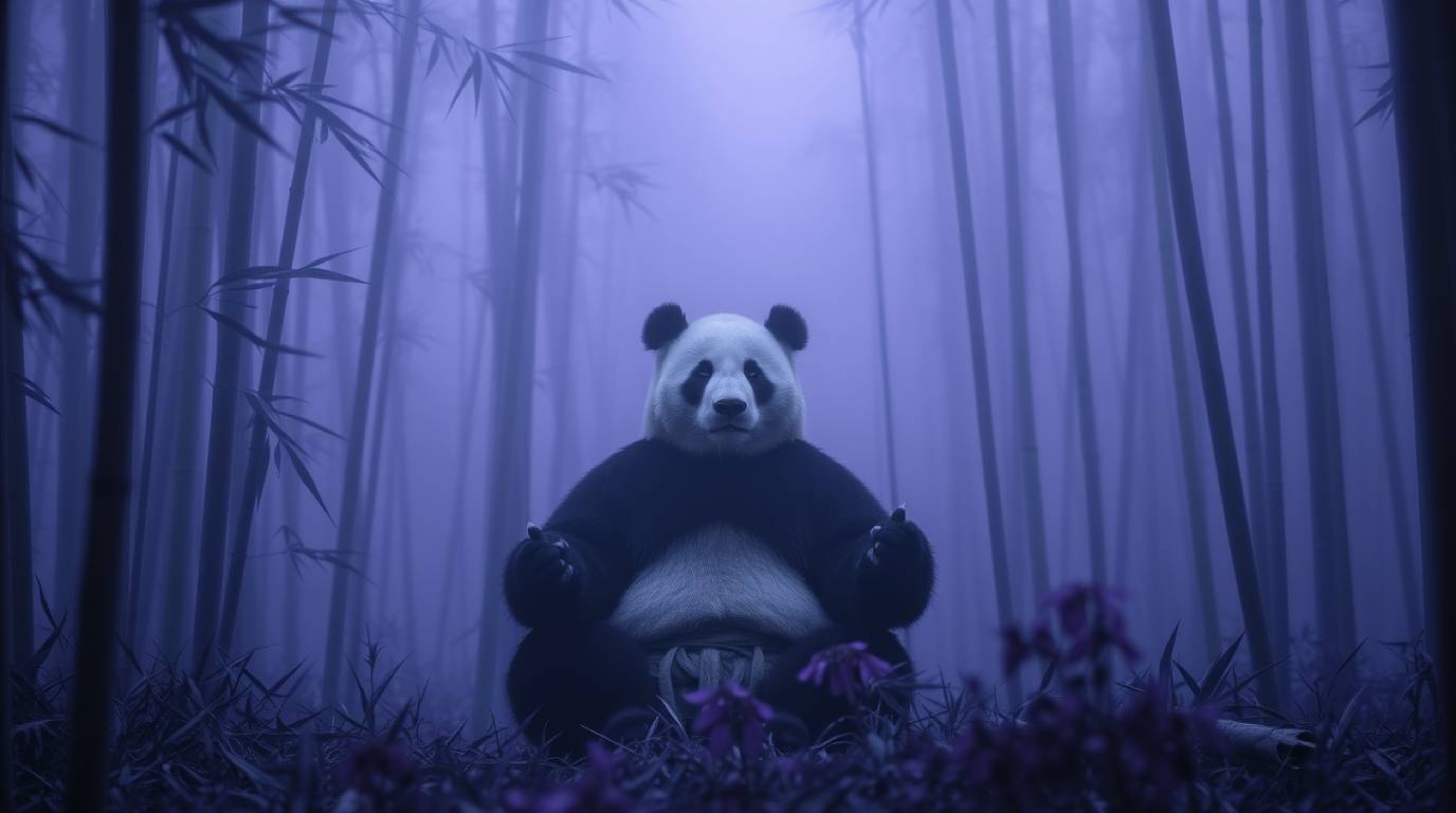 A captivating high-contrast image showcasing a martial artist panda deeply immersed in meditation within an ethereal ultravio