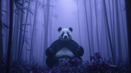 A captivating high-contrast image showcasing a martial artist panda deeply immersed in meditation within an ethereal ultravio