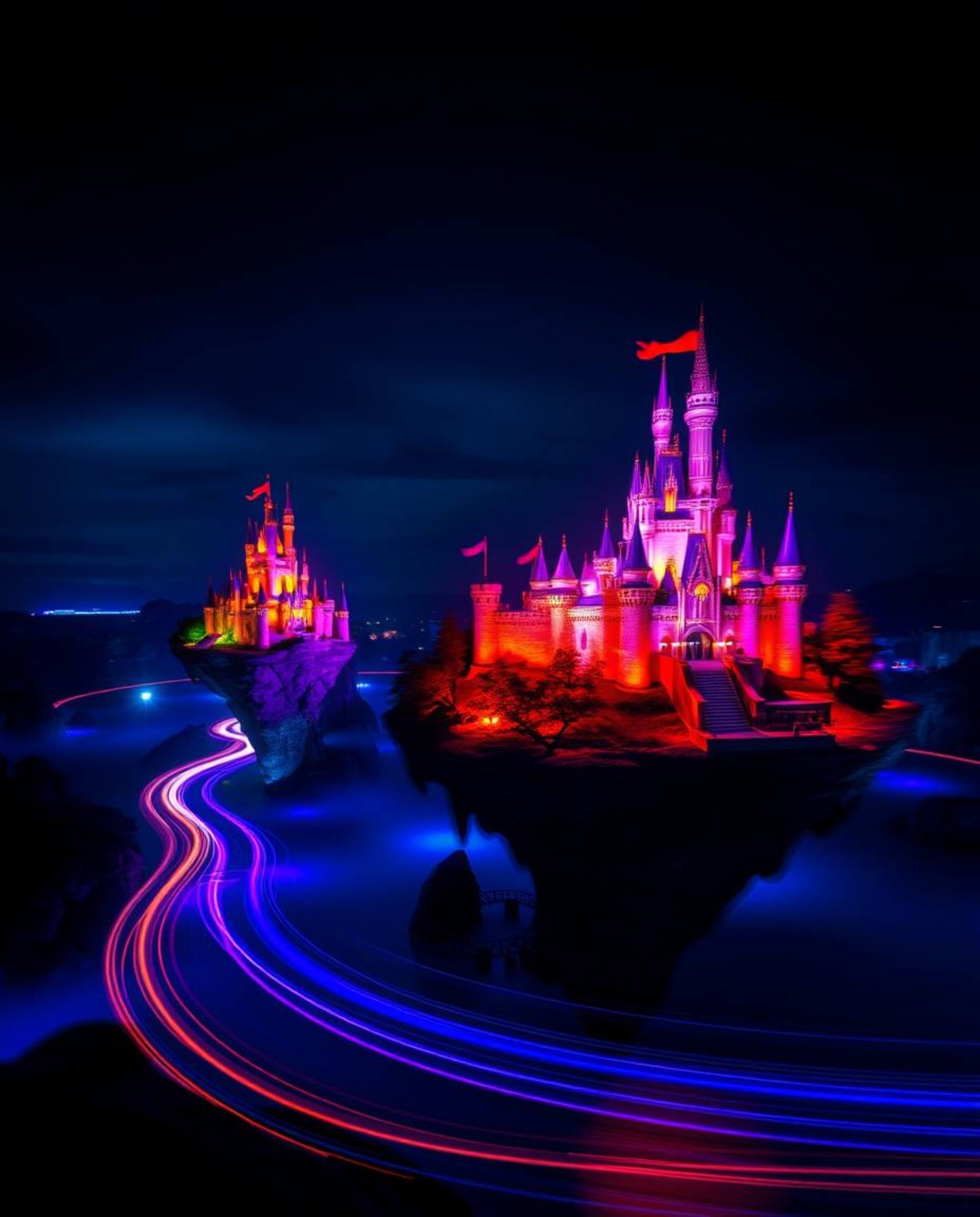 A high-contrast, low-key lighting, long-exposure photograph showcases a colorful kingdom featuring floating islands and majes