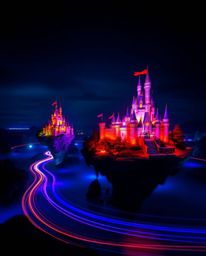 A high-contrast, low-key lighting, long-exposure photograph showcases a colorful kingdom featuring floating islands and majes