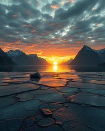 An epic, large-scale scene depicting a cast bronze surface with an antique, patina finish, reflecting a sunset in a glassy fj