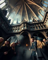 Experience the awe-inspiring height and grandeur of a magical school brimming with young wizards.  This captivating image, ge